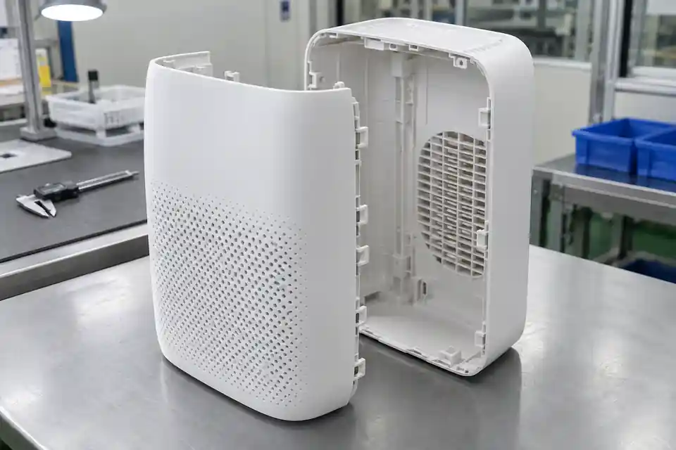 打开的白色空气净化器外壳及其卡扣结构