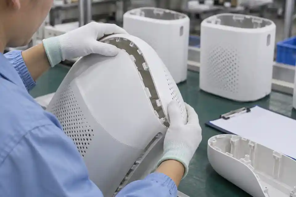工程人员检查空气净化器外壳装配配合
