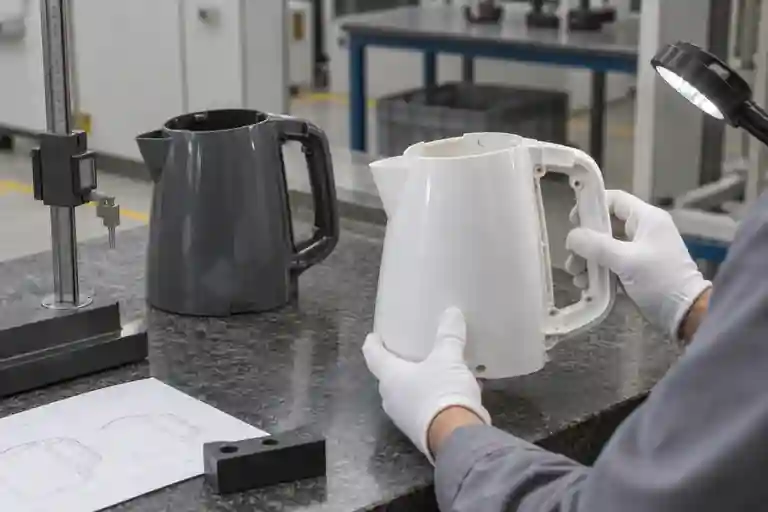 检验台上的无品牌电热水壶注塑外壳与分型边