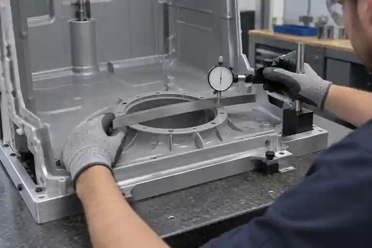 夹具中测量洗碗机内胆排水槽法兰平面度