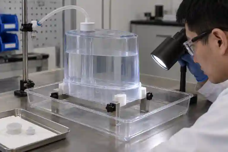 加湿器水箱在受控支撑中进行漏水观察