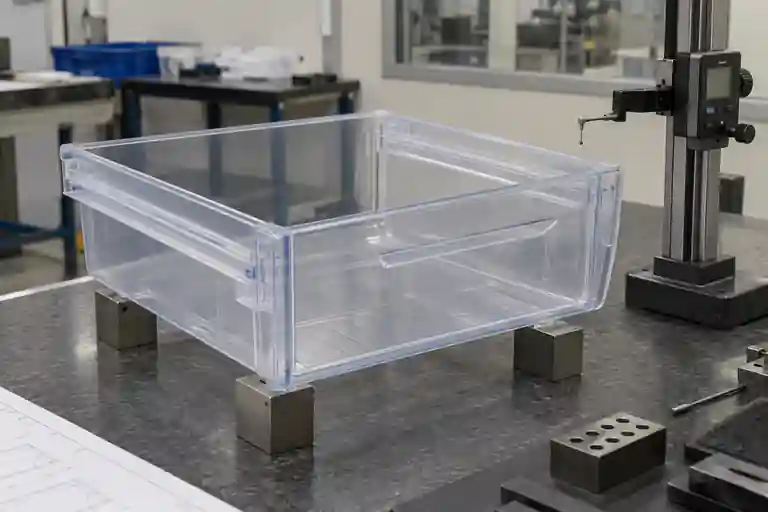 计量台上接受尺寸检查的无品牌注塑冰箱抽屉