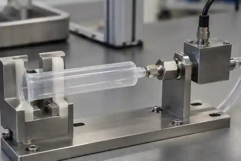 无刻度注射器筒体的鲁尔锥头在受控夹具中进行干式泄漏测试