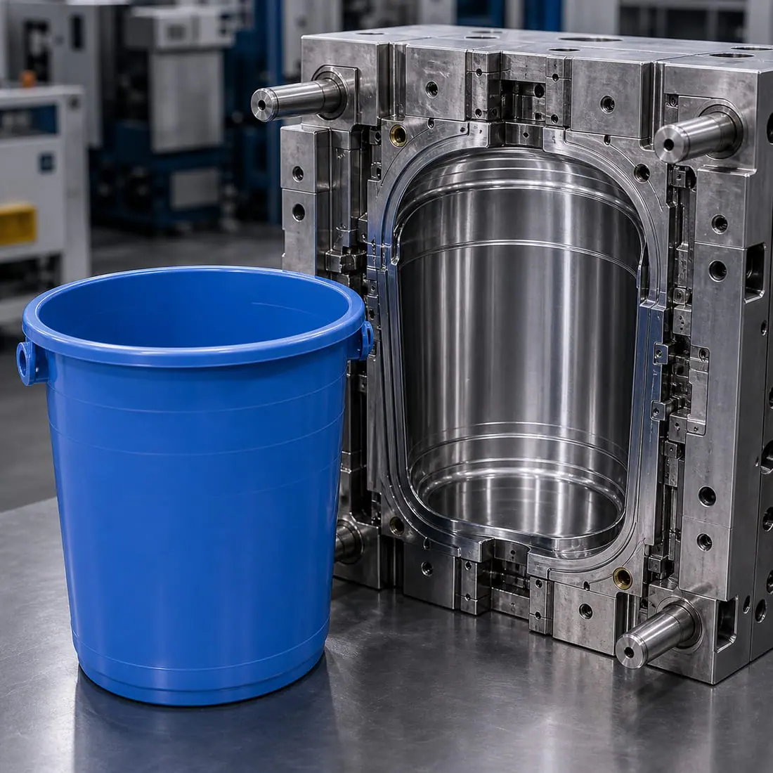 水桶产品与打开的注塑模具